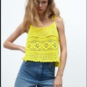 Zara Yellow Crochet Knit Top Boho Tie Straps Cropped Loose Fit NEW NWT Small